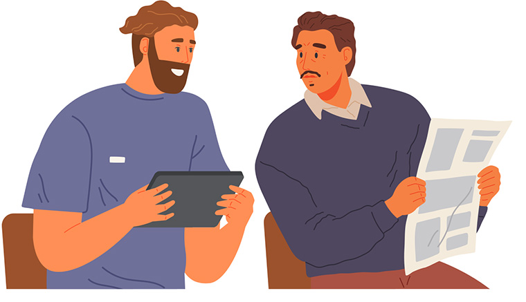 Illustration of two people talking, one holding a tablet the other holding a newspaper