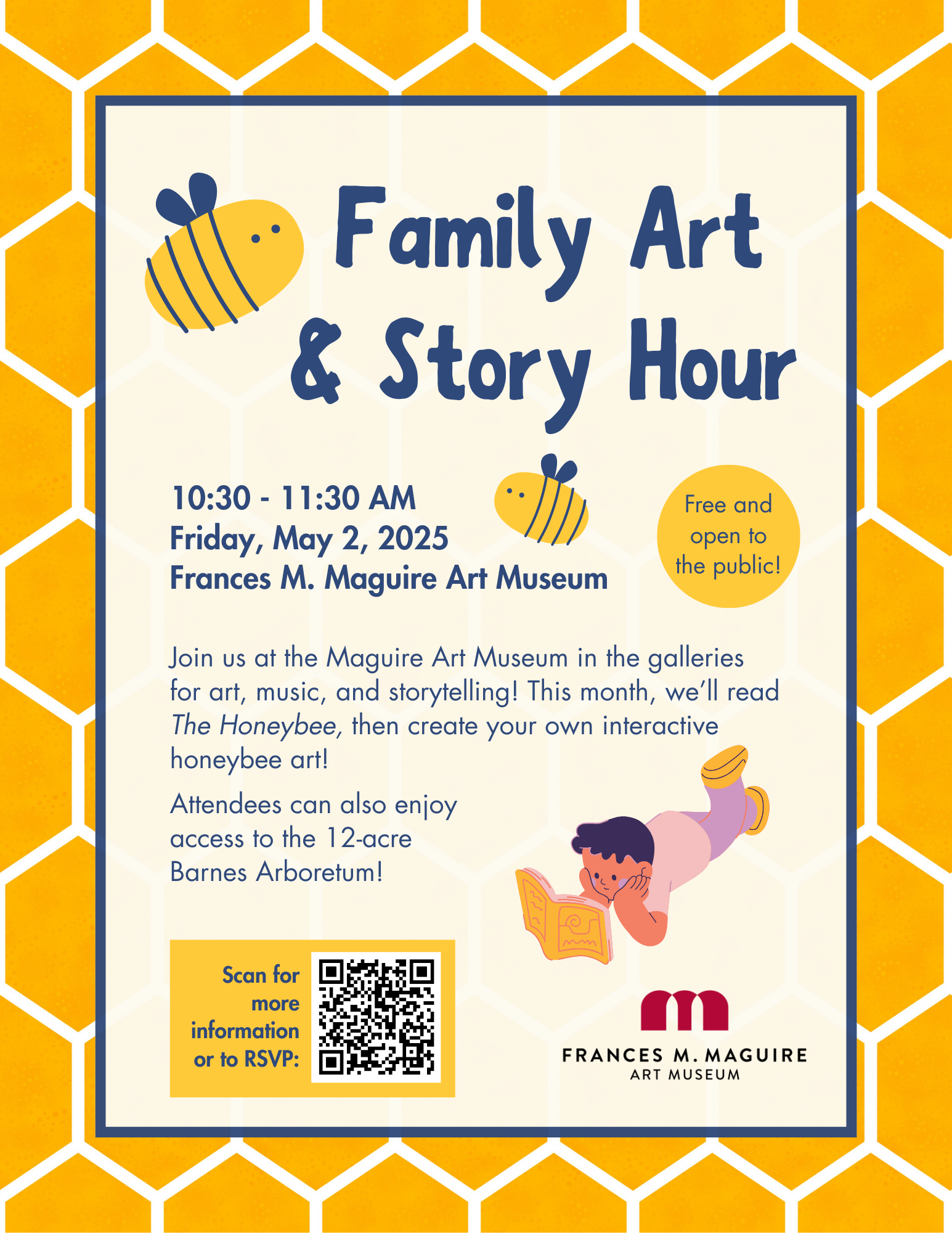 A flyer for May Family Art & Story Hour. It is yellow and bee-themed.