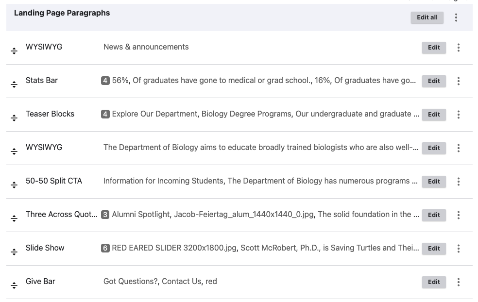 screenshot Drupal landing page paragraphs