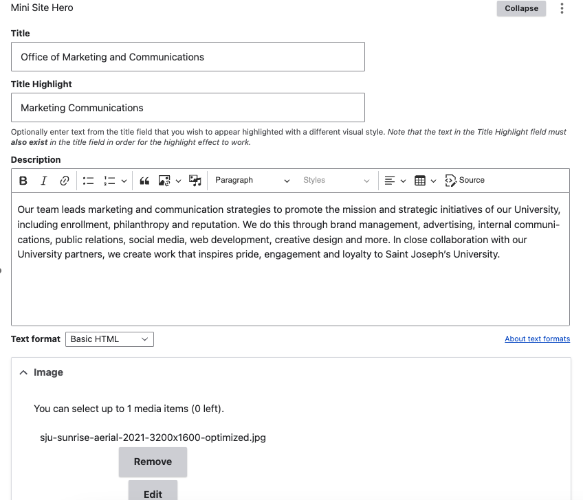 Drupal Mini site Hero backend screenshot