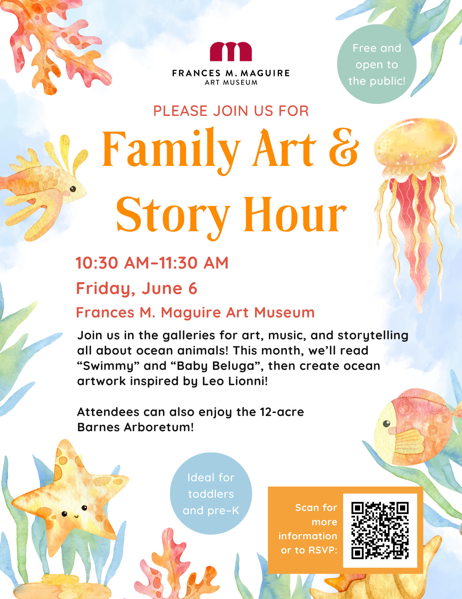 A flyer for June Family Art and Story Hour. It has a watercolor ocean scene on it.