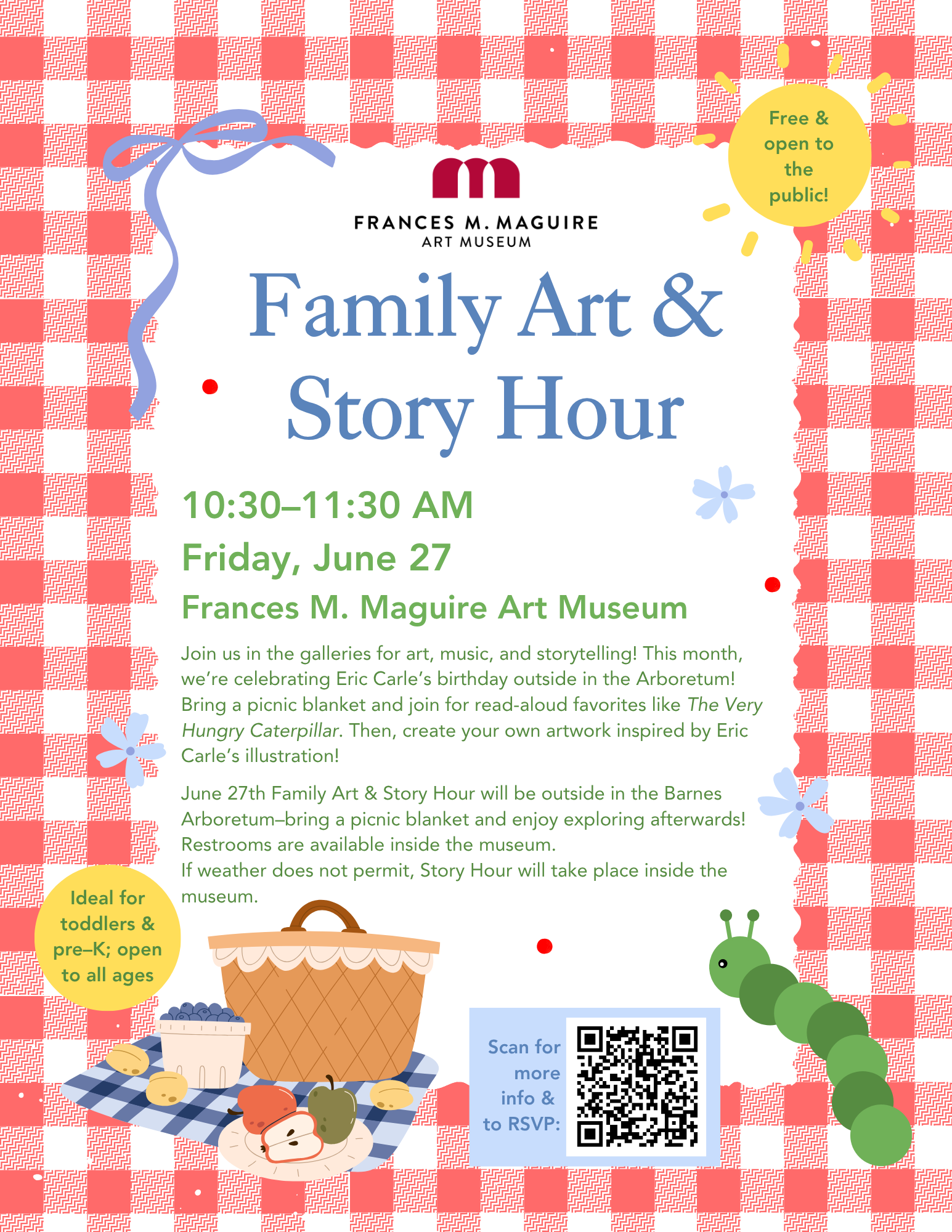 A flyer for Family Art & Story Hour on June 27, 2025. It has a gingham picnic blanket background, a picnic graphic, and a green caterpillar.