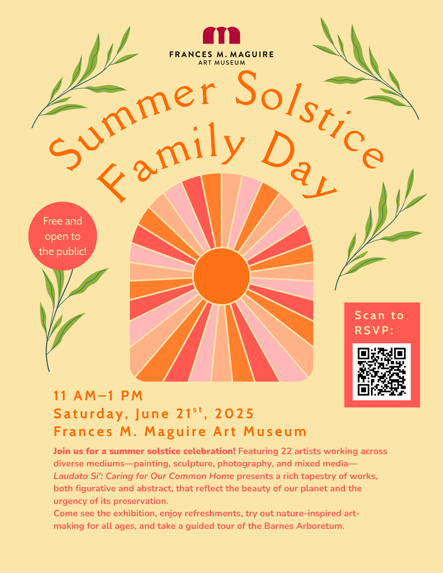 A flyer for Summer Solstice Family Day. It is brightly colored and has a sun design and leaves.