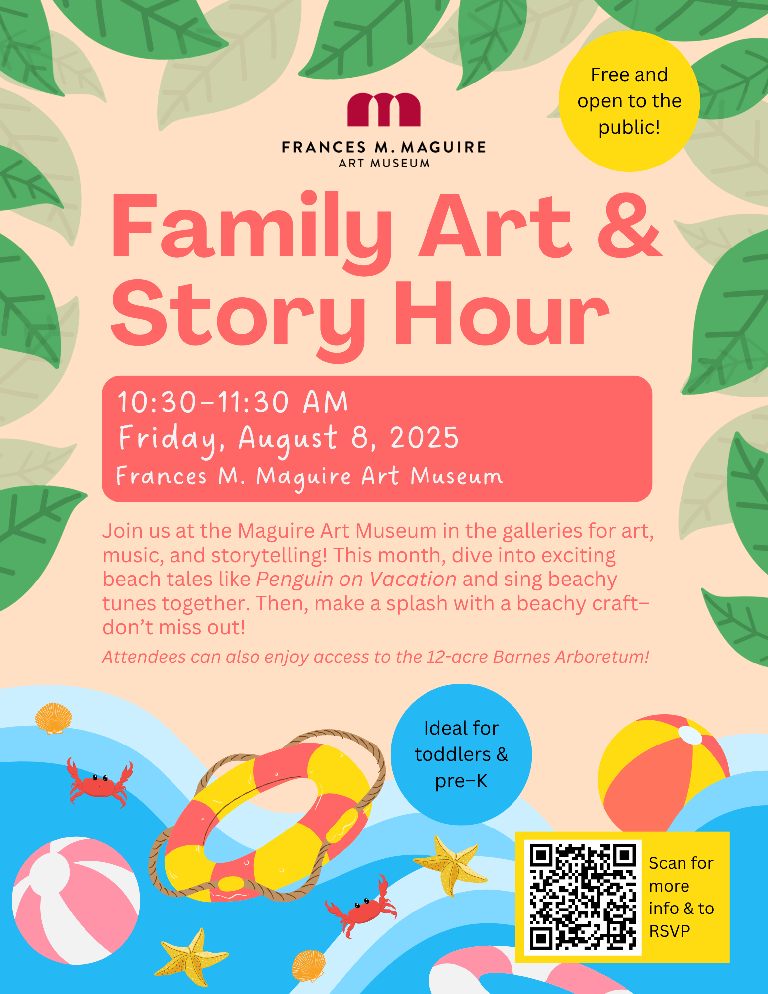 A flyer for August Family Art & Story Hour. Beach-themed
