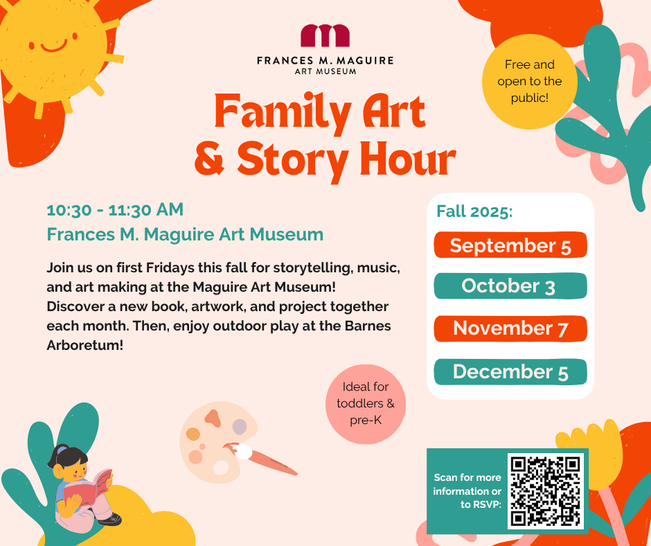 The fall 2025 schedule for Family Art & Story Hour. The dates are September 5th, October 3rd, November 7th, and December 5th.