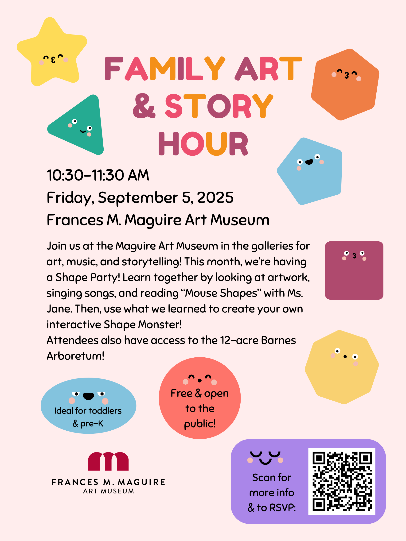 A flyer for September 2025 Family Art and Story Hour. It is colorful with shapes with cute faces decorating it.