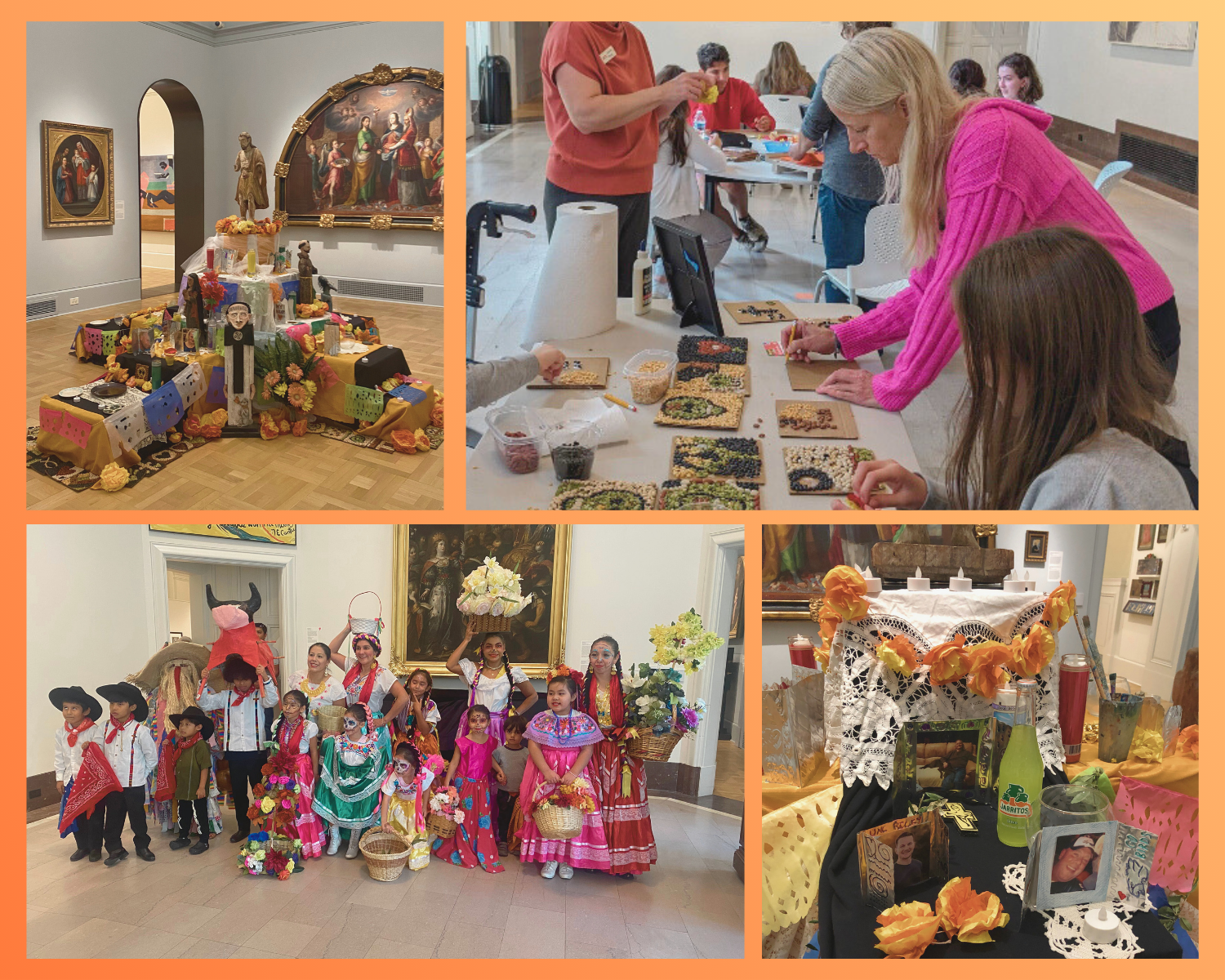 Photos of the Day of the Dead Family Day at the Maguire Art Museum. People doing crafts and details of the ofrenda. Orange background. 