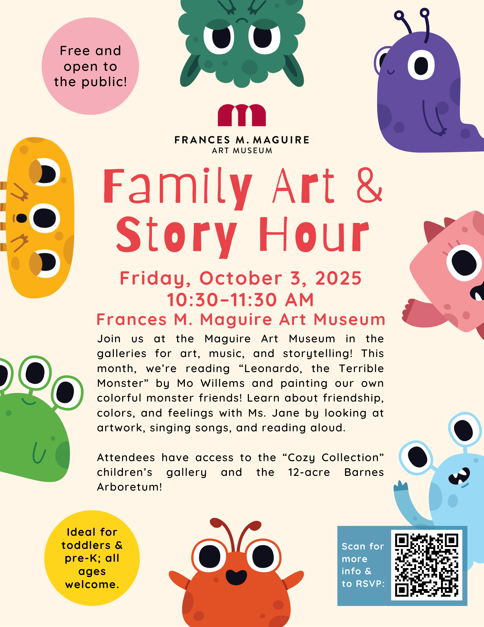 A flyer for October Family Art and Story Hour at the Maguire. It is colorful with cute monsters.