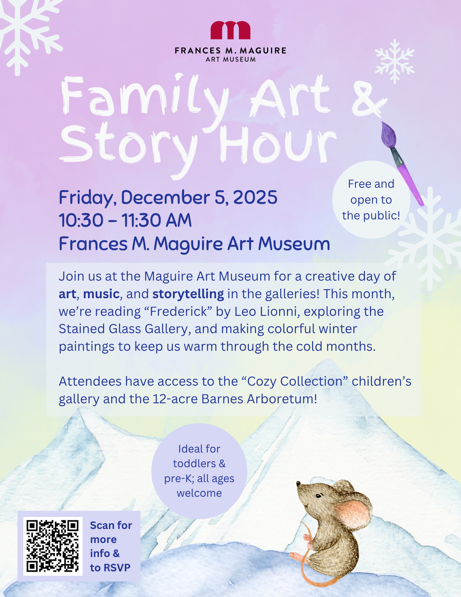 A flyer for December Family Art & Story Hour 2025