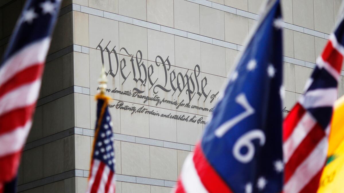 Historic American flags are flown to commemorate Flag Day at the National Constitution Center, in Philadelphia, Pennsylvania