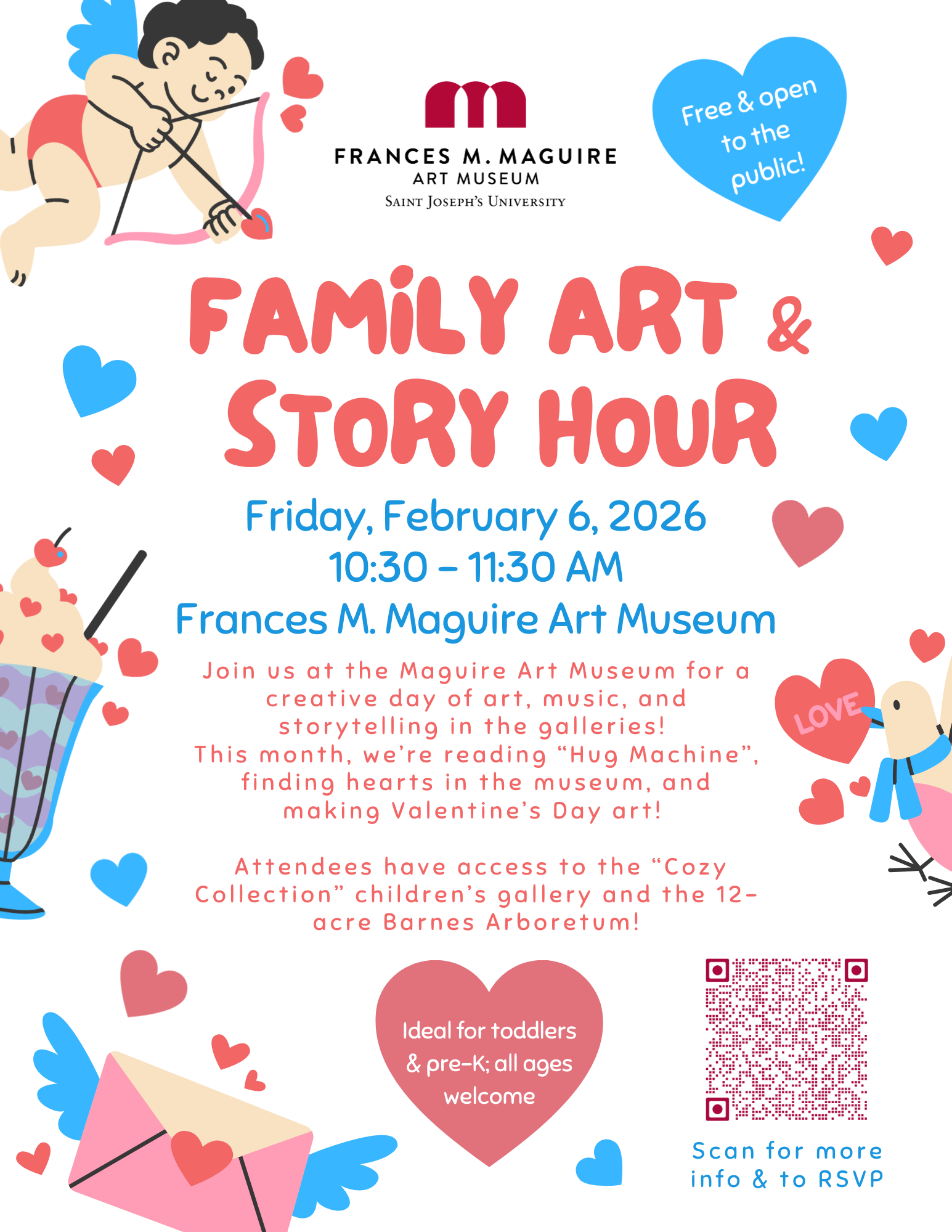 A flyer for February 2025 Family Art & Story Hour. 