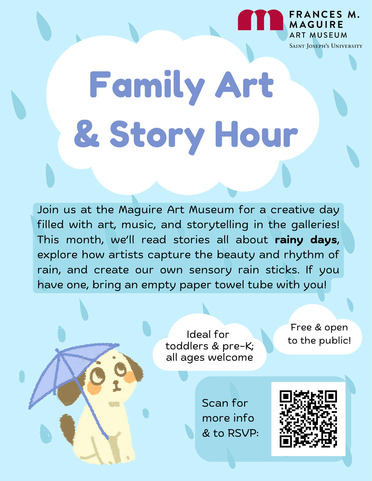 March Family Art and Story Hour flyer, with rain