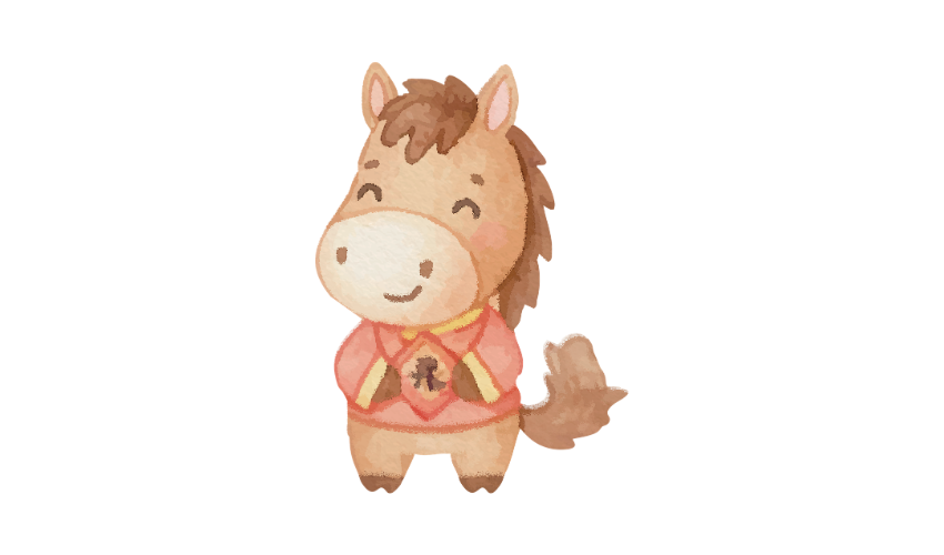 Watercolor image of a horse dressed in Chinese New Year clothes for year of the horse