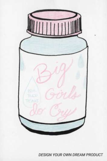 illustration of a bottle of pills reading Big Girls Cry