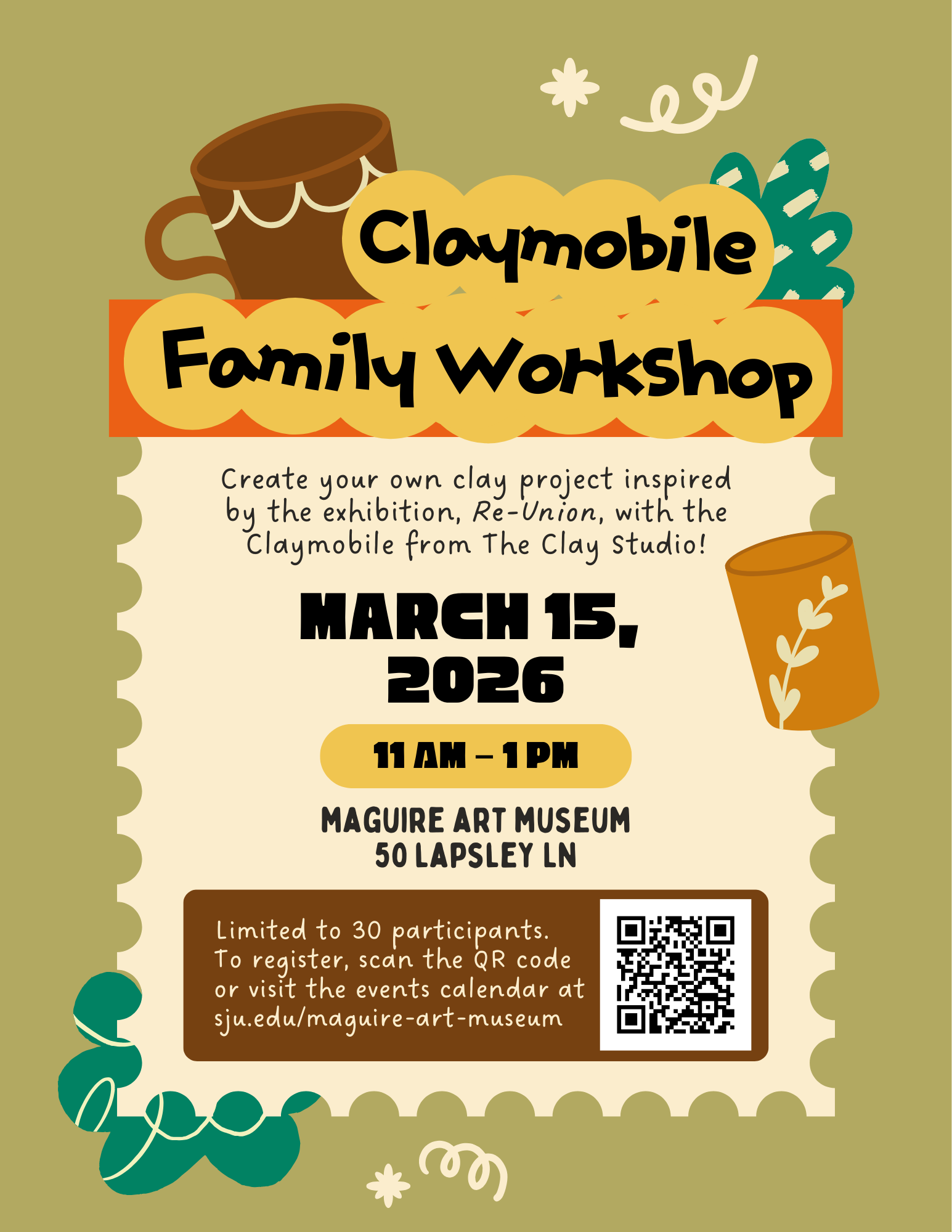 flyer for claymobile family workshop at the maguire art museum march 15 2026