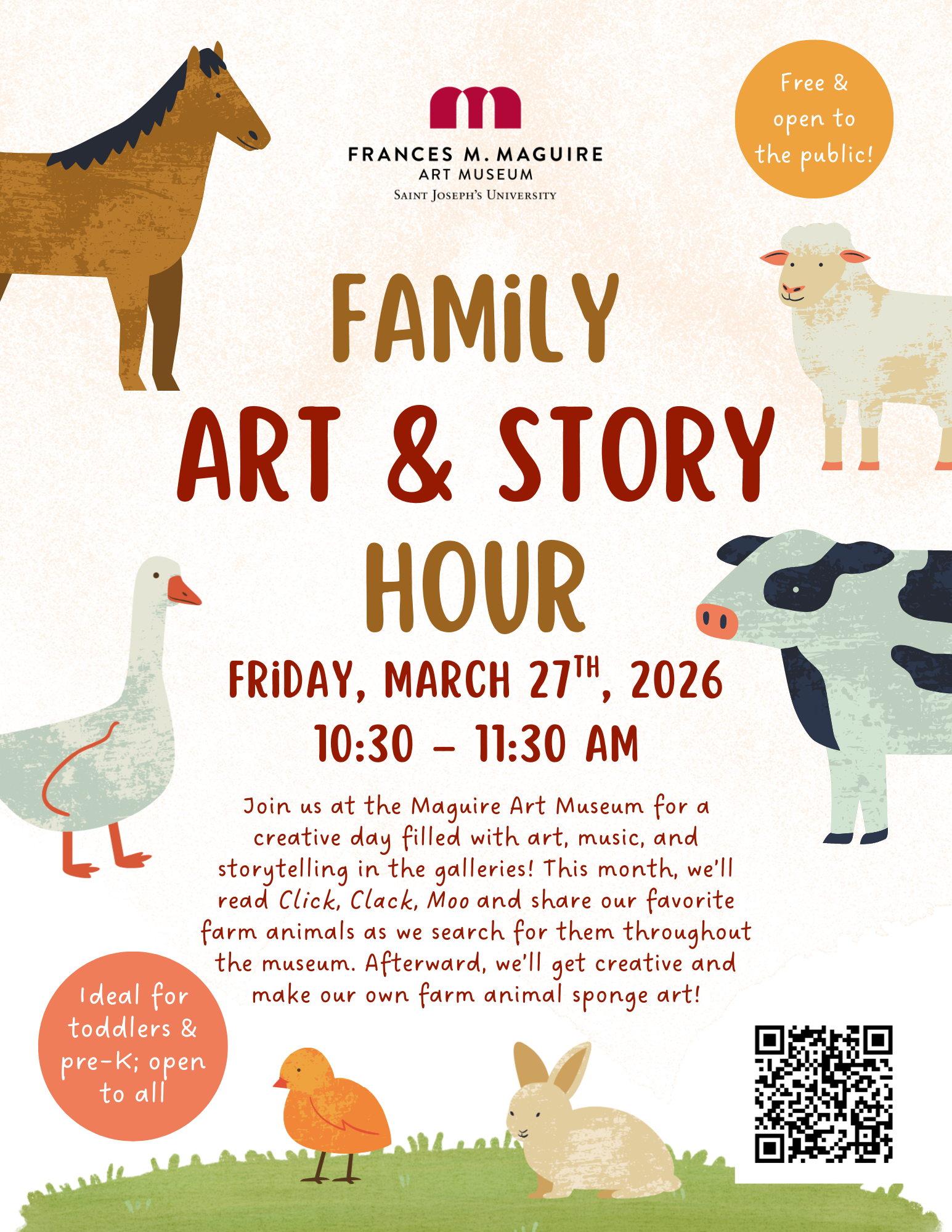 flyer for family art and story hour march 27 2026
