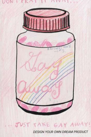 illustration of a bottle of pills with Gay Away written on it