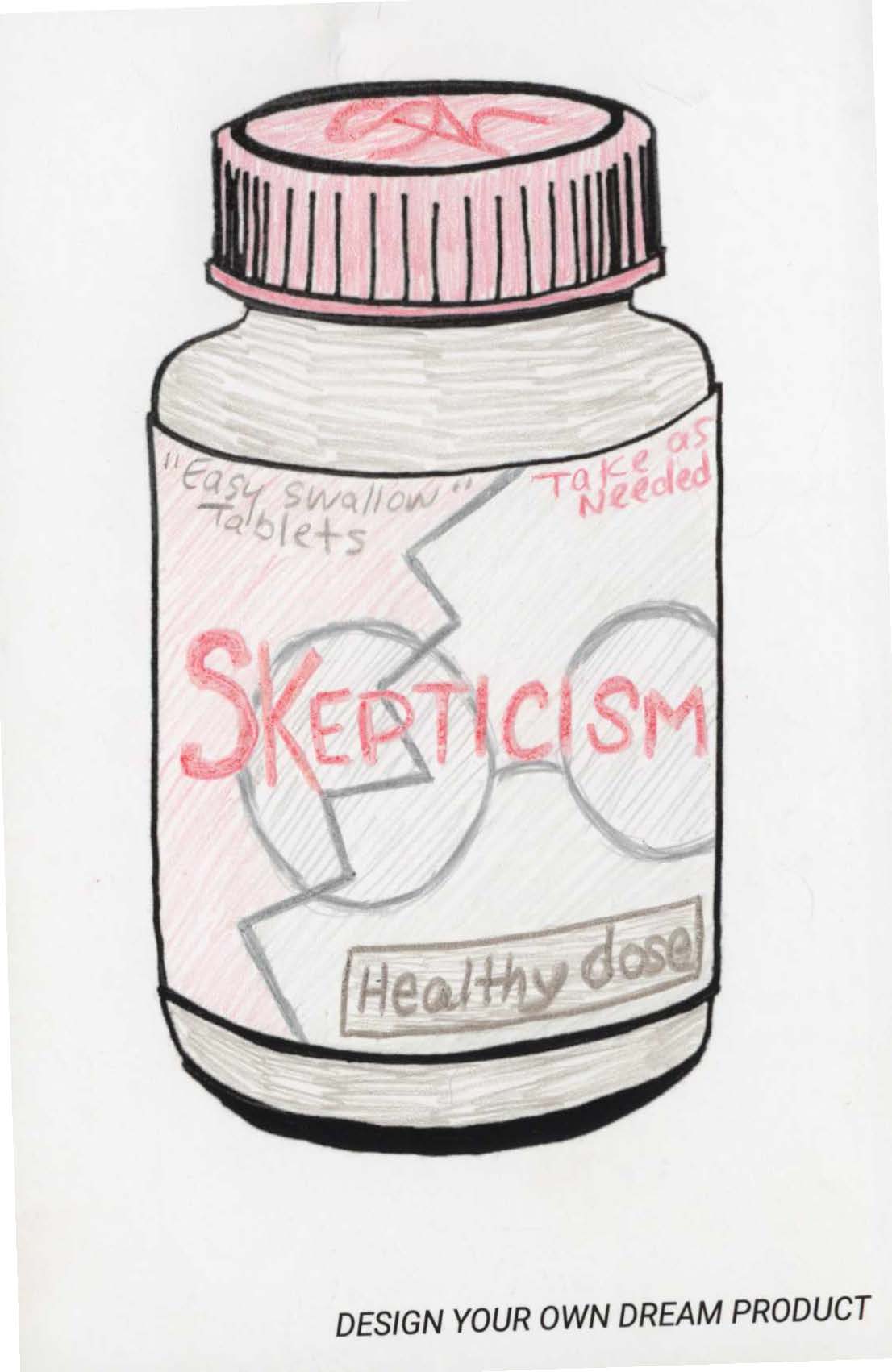illustration of a bottle of a healthy dose of skepticism