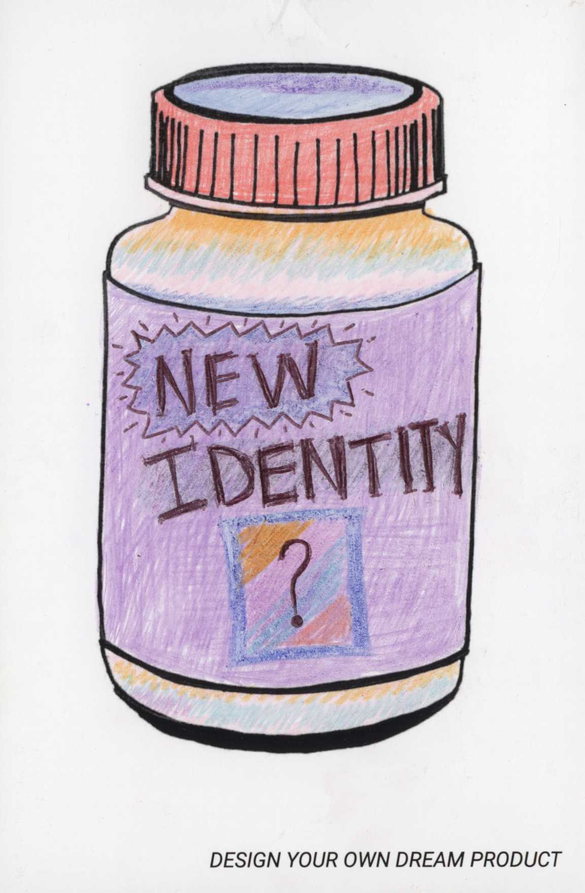 illustration of bottle of new identity pills