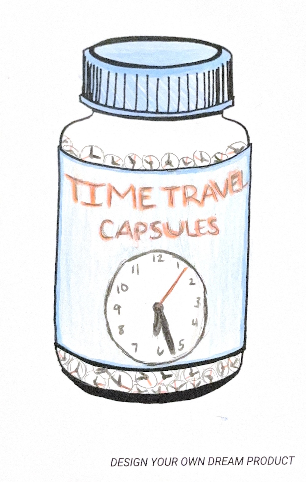 illustration of a bottle of time travel capsules