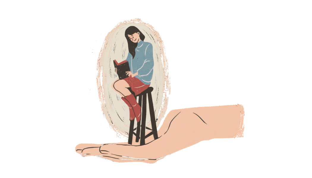Graphic of a woman sitting on a chair in the palm of a hand; she is reading a book