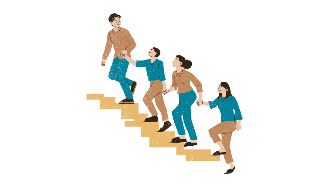 graphic of people pulling each other up steps