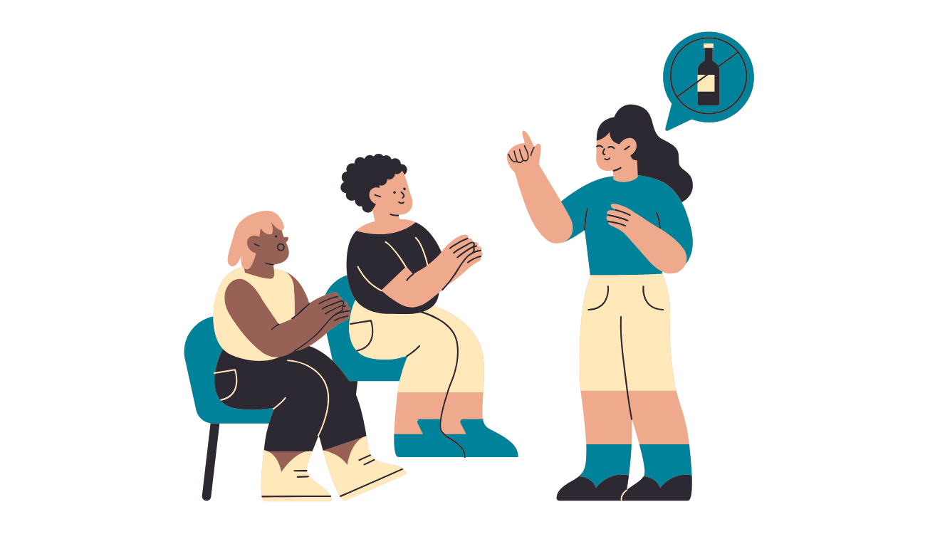 Graphic of a parent talking to teens about saying no to alcohol