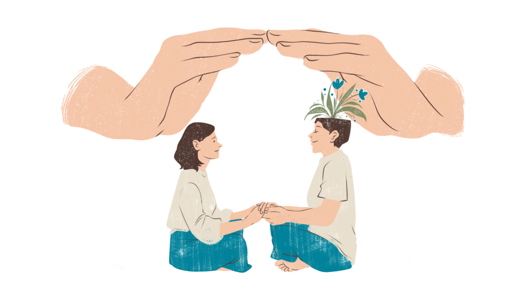 Graphic of two people sitting together holding hands; one has flowers growing out of their head, and they both are protected by two large hands above them