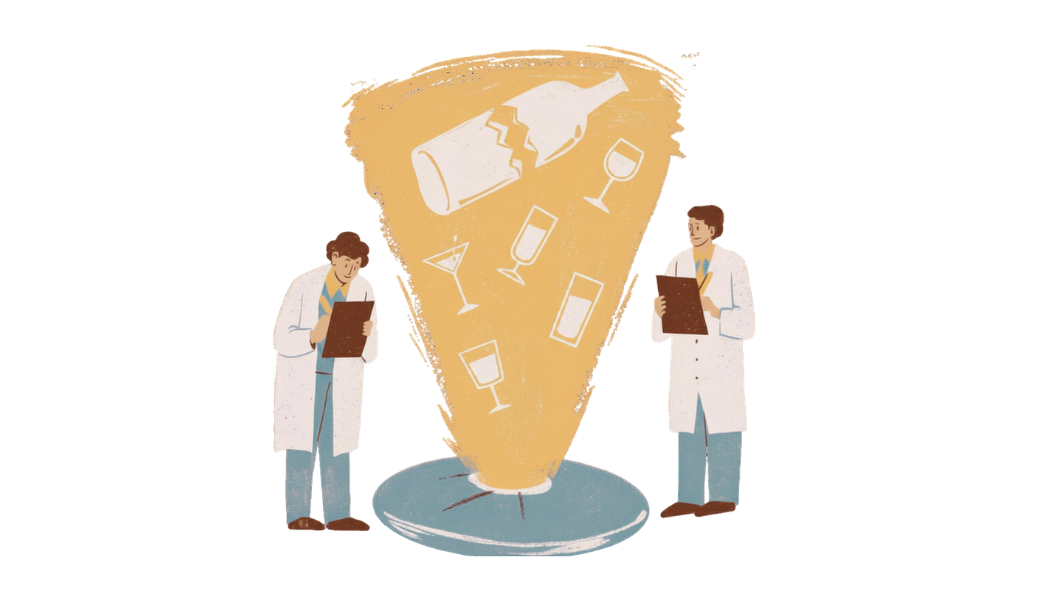 Graphic of 2 scientists studying alcohol