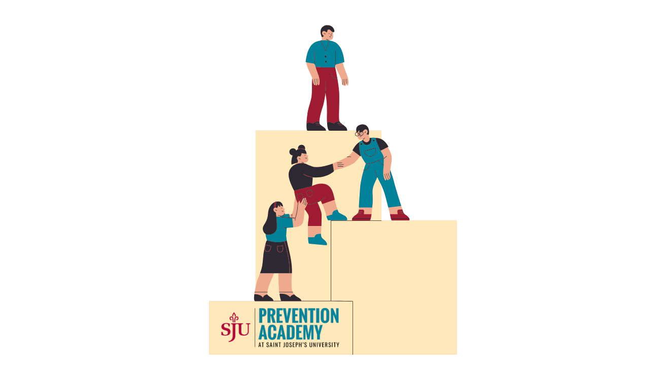 Graphic of the Prevention Academy logo on a big box that people are helping each other climb