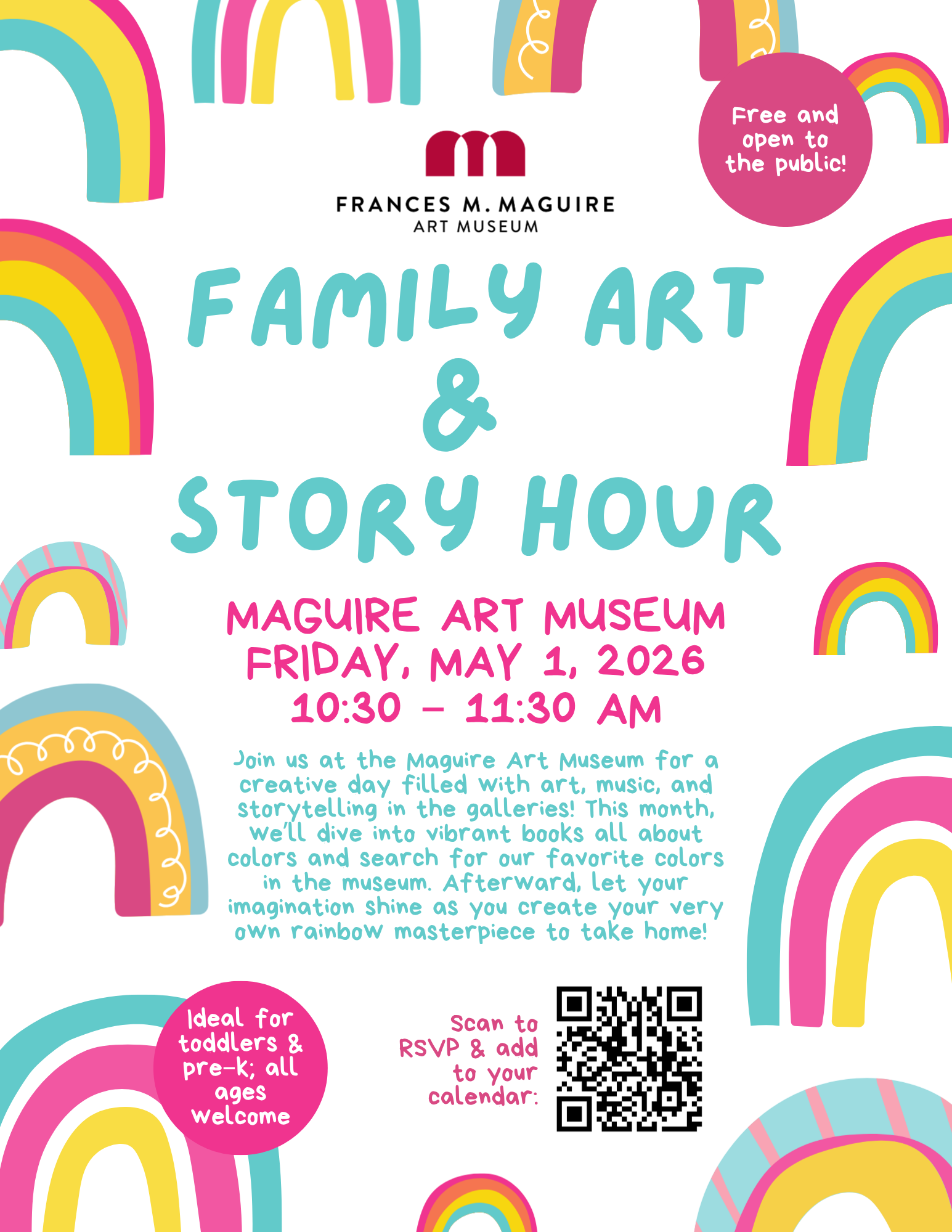 A flyer for Family Art & Story Hour in May 2026
