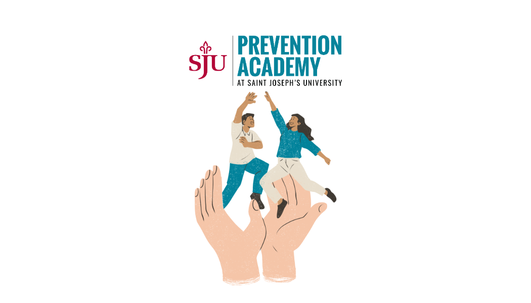 Graphic of two people reaching for the Prevention Academy logo