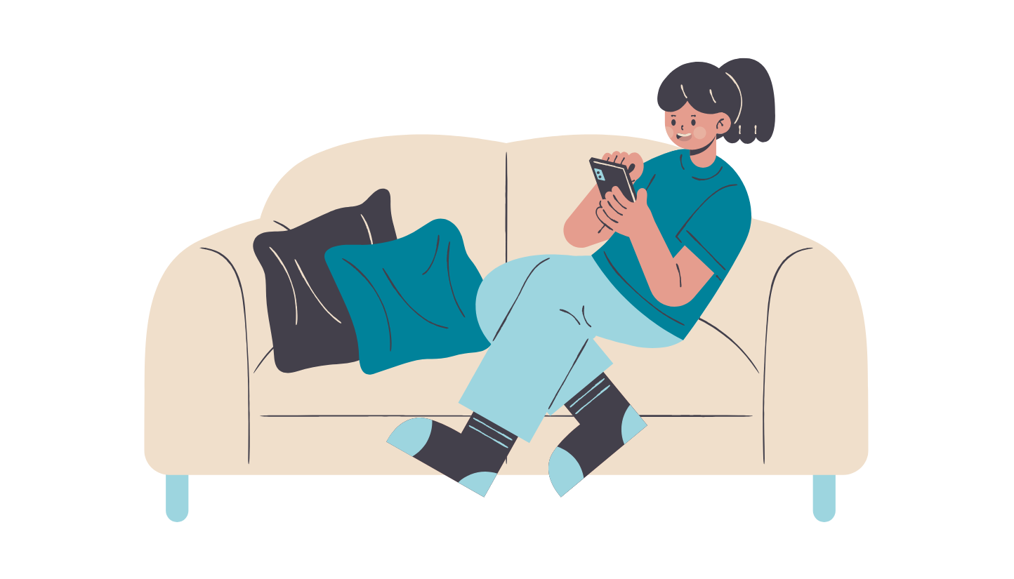 graphic of a woman sitting and scrolling on a couch