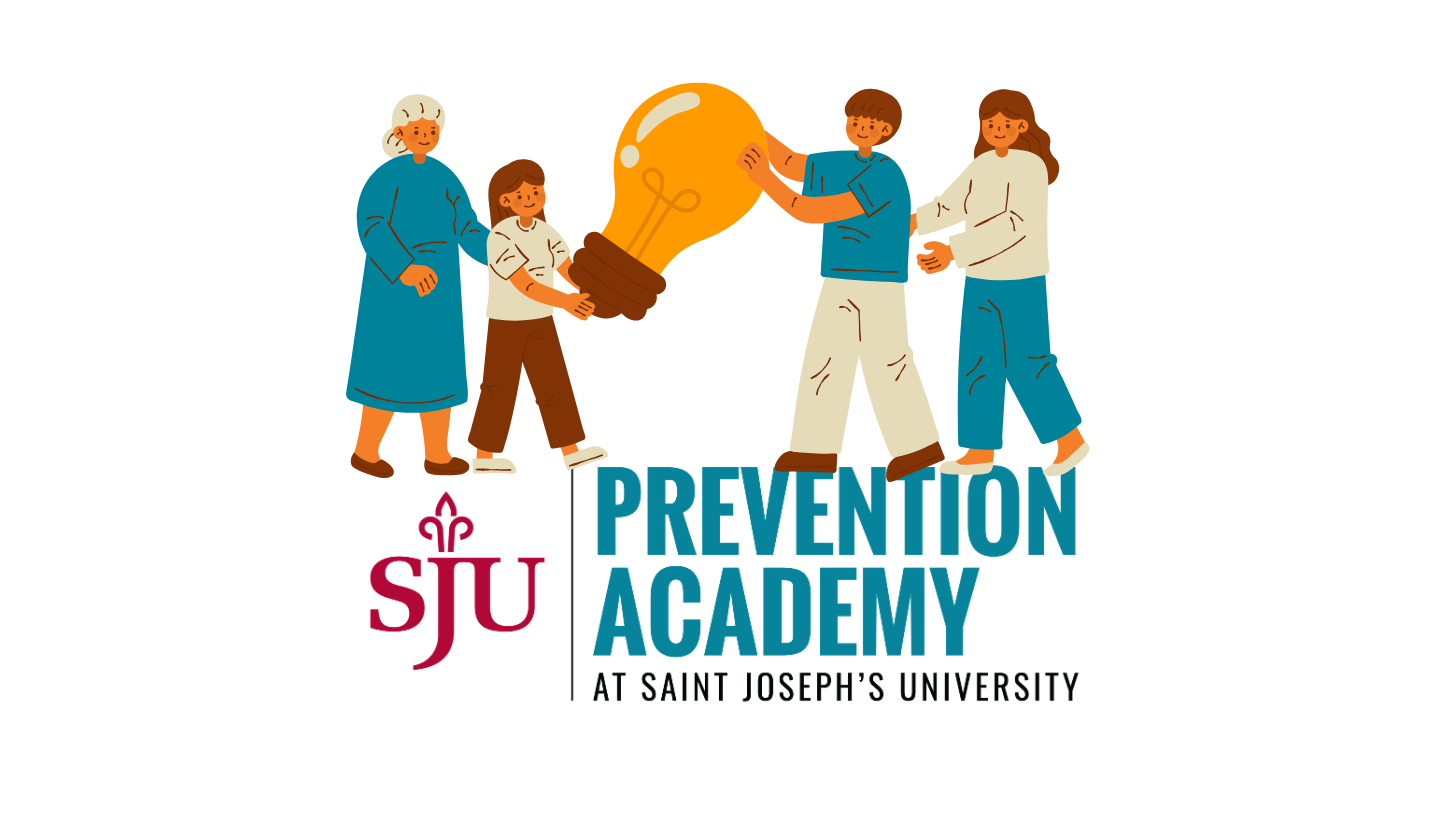 graphic of the Prevention Academy logo with people standing on it holding a lightbulb together