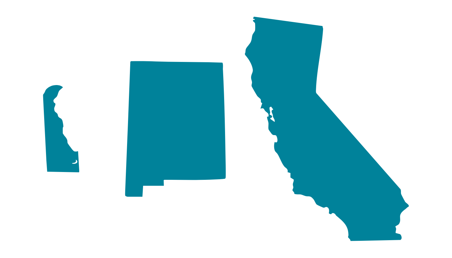 Outlines of Delaware, New Mexico, and California in teal