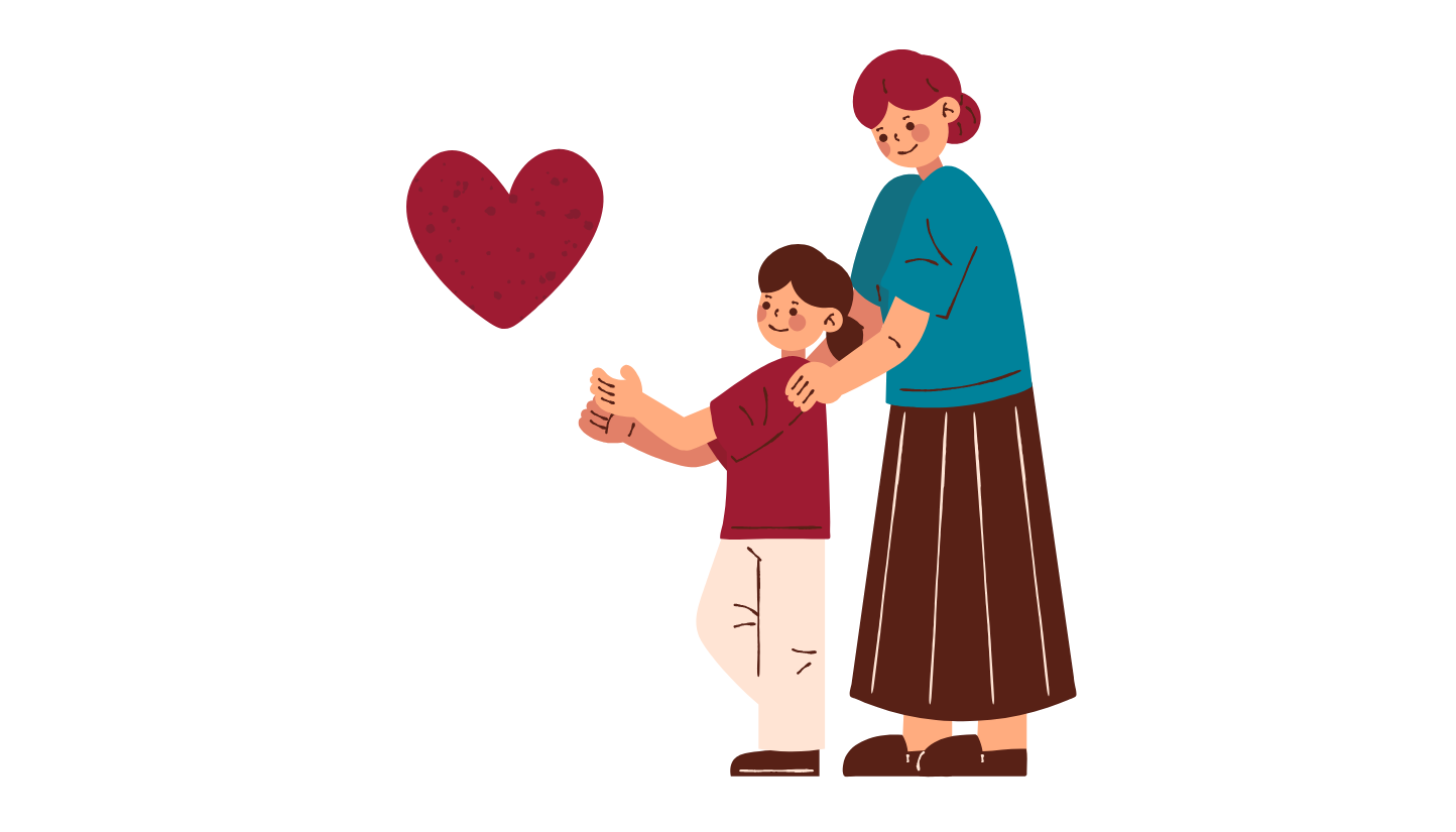 Graphic of a mother and her young son; she is holding him and he is reaching out towards a heart shape