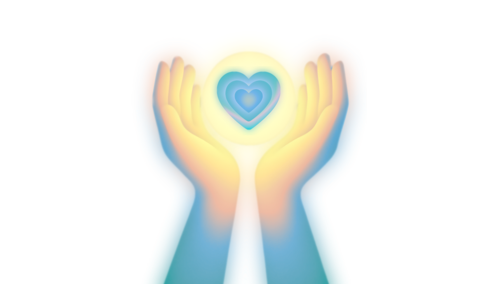 Colorful outline of teal hands holding a glowing heart