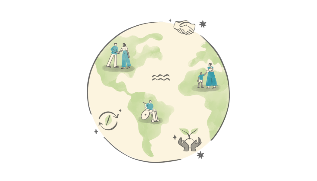 Graphic of a globe with people scattered across it