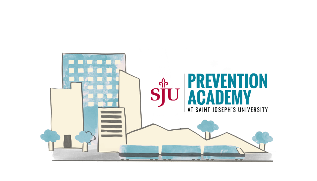 Graphic of a city with the Prevention Academy Logo