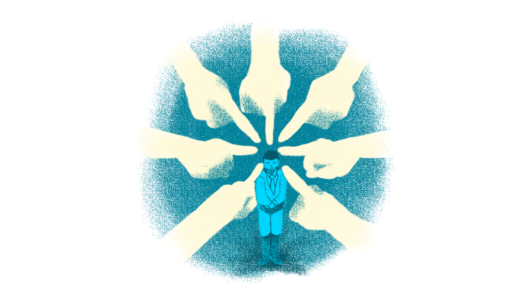 Graphic of people pointing at one person