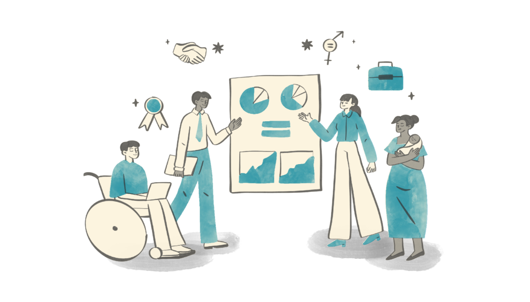 Graphic of a group of people showing a chart