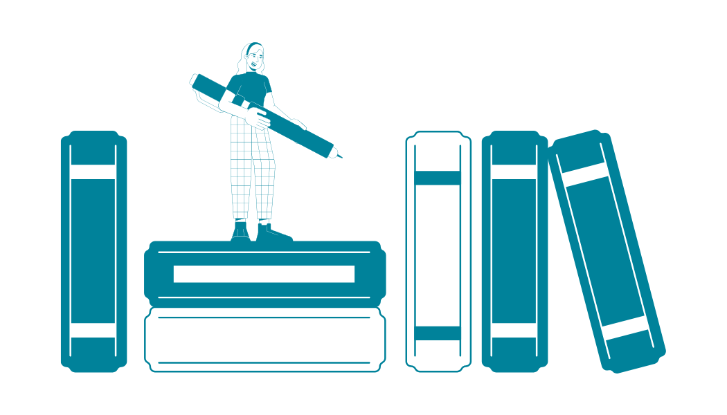 Graphic of a woman standing on large books holding an oversized pen