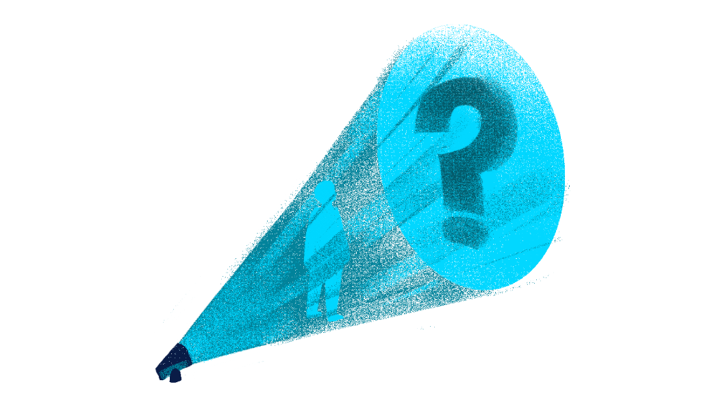 Graphic of a person standing in a spotlight with a question mark being reflected in the spotlight