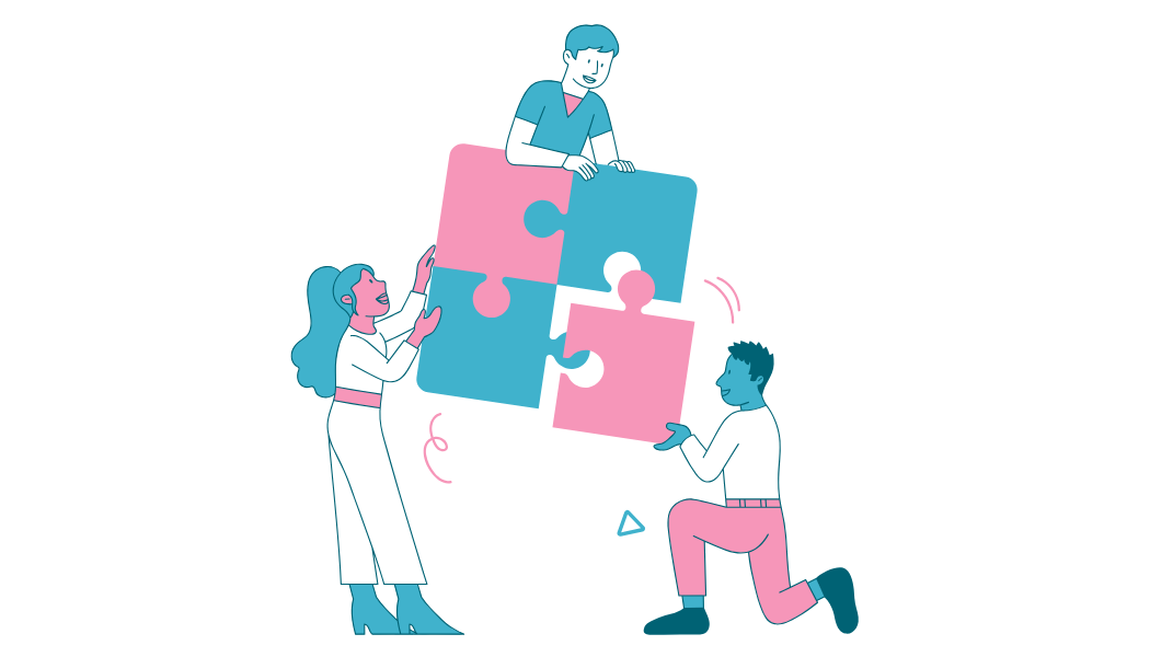 Graphic of 3 people putting together puzzle pieces