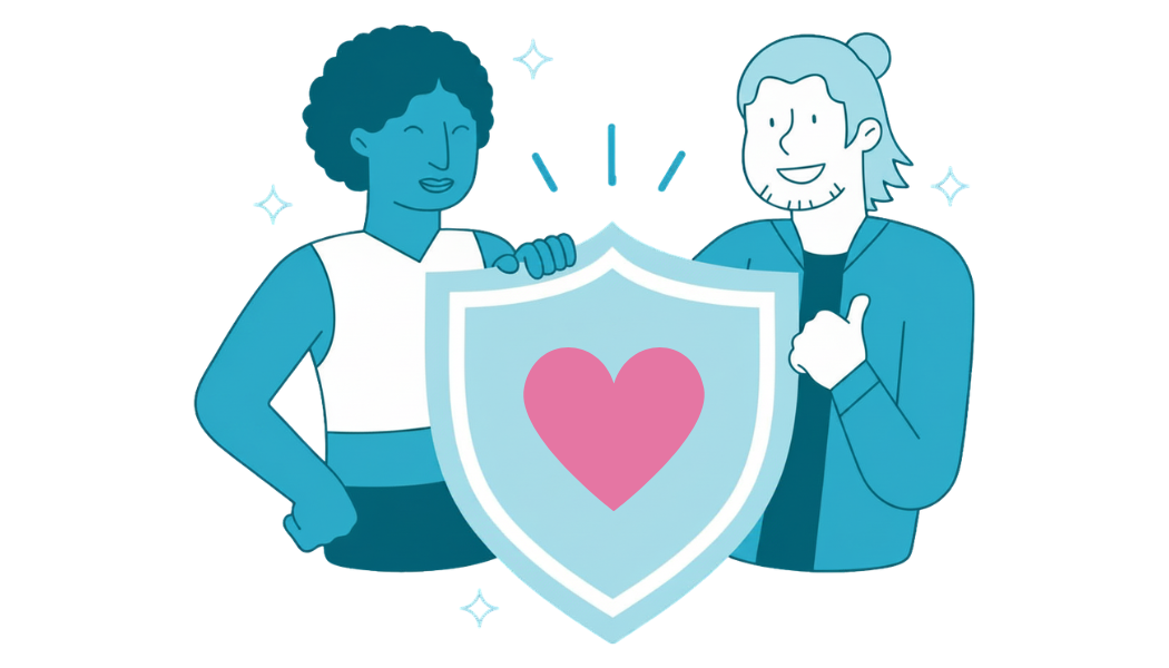 Graphic of two people holding a shield