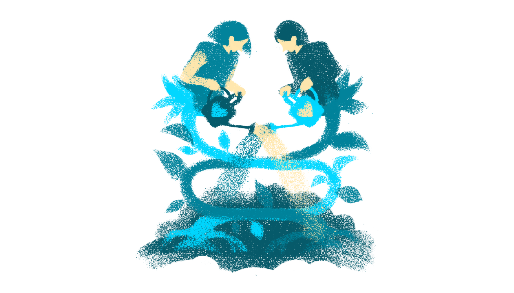 Graphic of two people watering the same plant