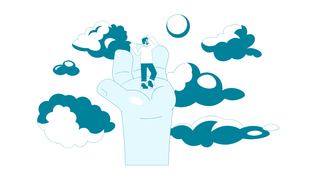 Graphic of a man being lifted up into the sky by a giant hand; he is looking out in the sky