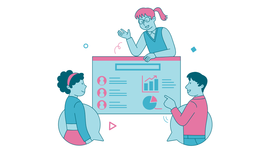 Graphic of a group of people discussing data
