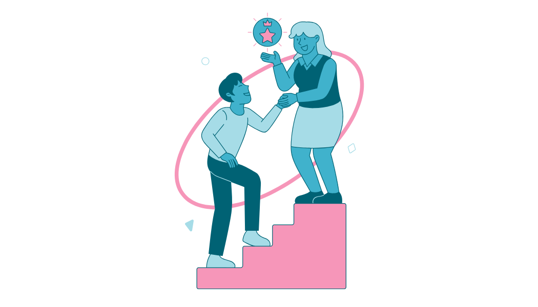 Graphic of a woman leading a man up steps