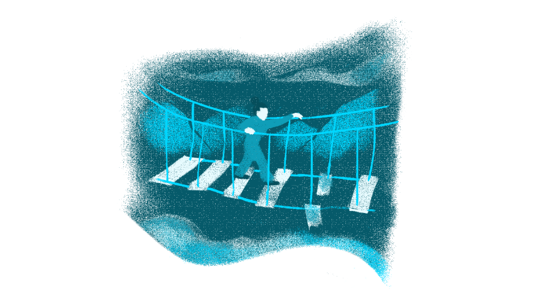 Graphic of a person walking on a rope bridge